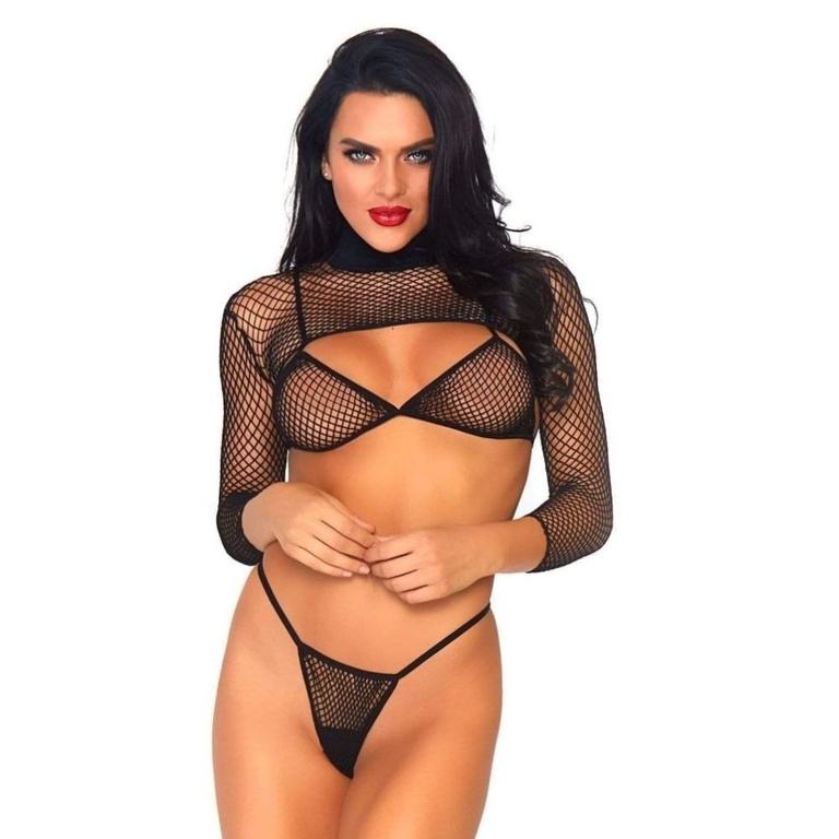 Komplet - Bikini 81583 siateczkowe z topem czarne S-L